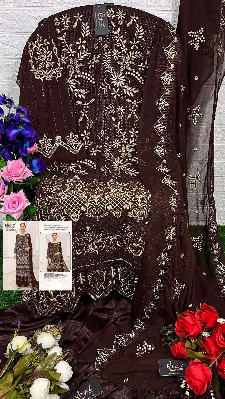 RINAZ 1387 COLOURS BY RINAZ FASHION 1387-A TO 1387-D SERIES BEAUTIFUL STYLISH PAKISTANI SUITS FANCY COLORFUL CASUAL WEAR & ETHNIC WEAR & READY TO WEAR FAUX GEORGETTE EMBROIDERY DRESSES AT WHOLESALE PRICE